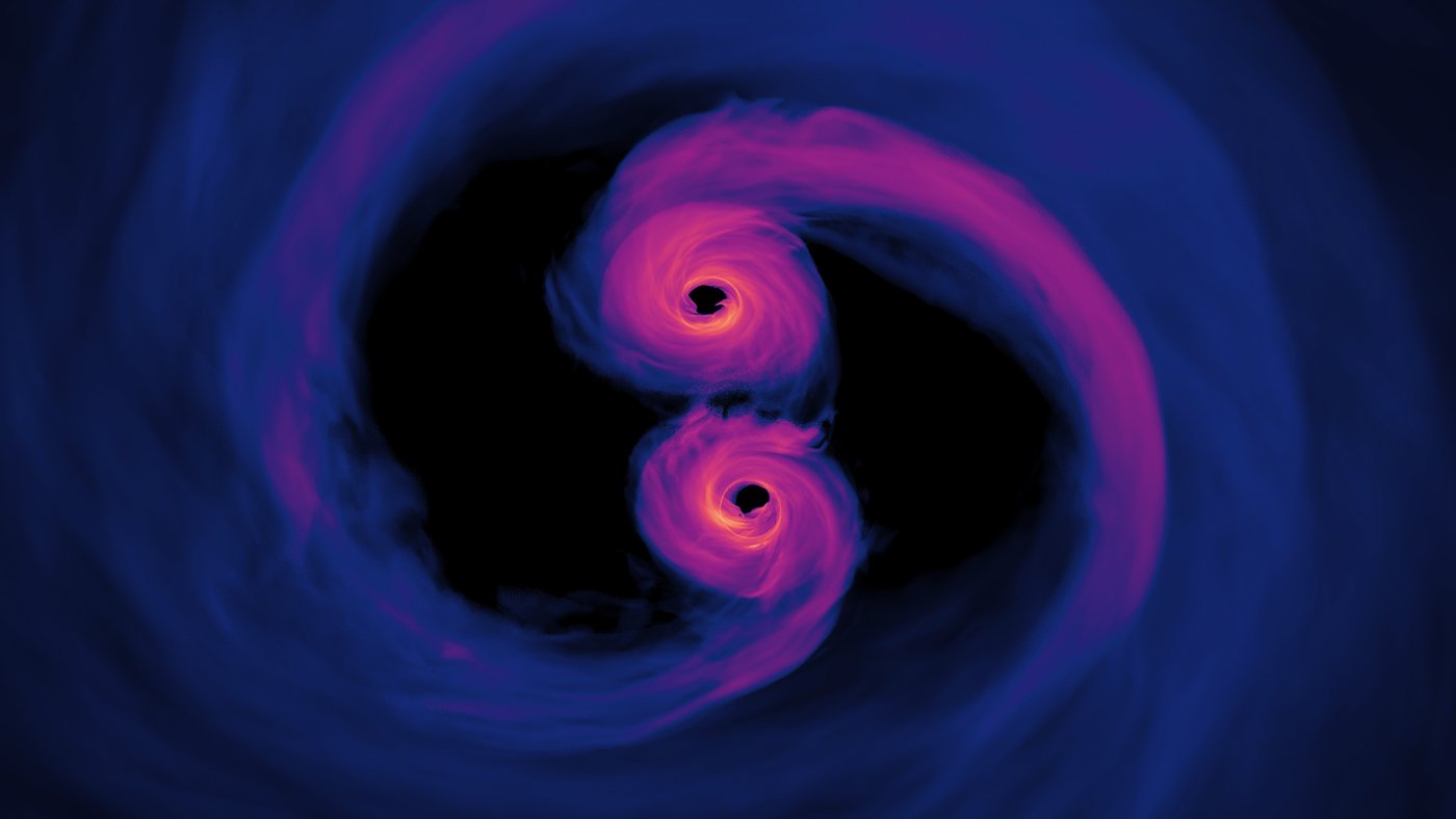 Simulation of two black holes spiraling together, each wrapped in glowing gas.